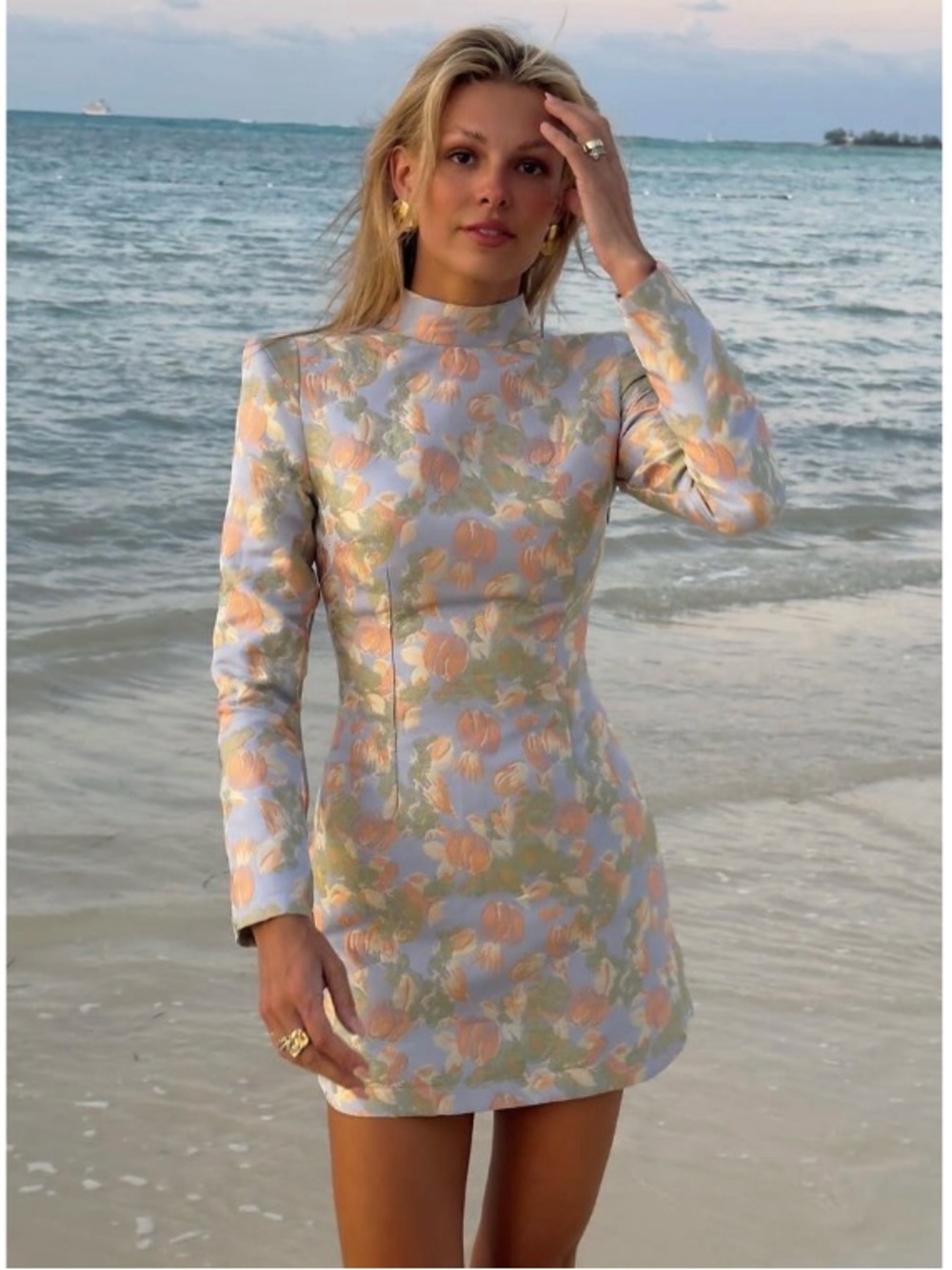 YLLW The Label Sterling Pastel Floral Pumpkin Tapestry Mini Dress Blue Medium
